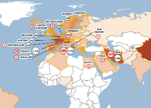 На иллюстрации: карта распространения коронавируса по данным портала reliefweb.int